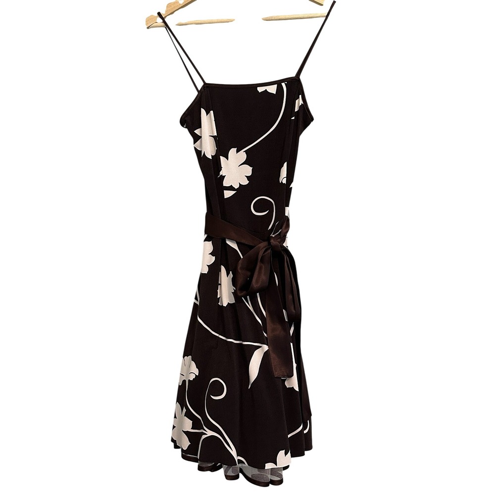 B. Smart Floral Fit & Flare Dress Women Small Brown White Satin Tie Tulle Hem